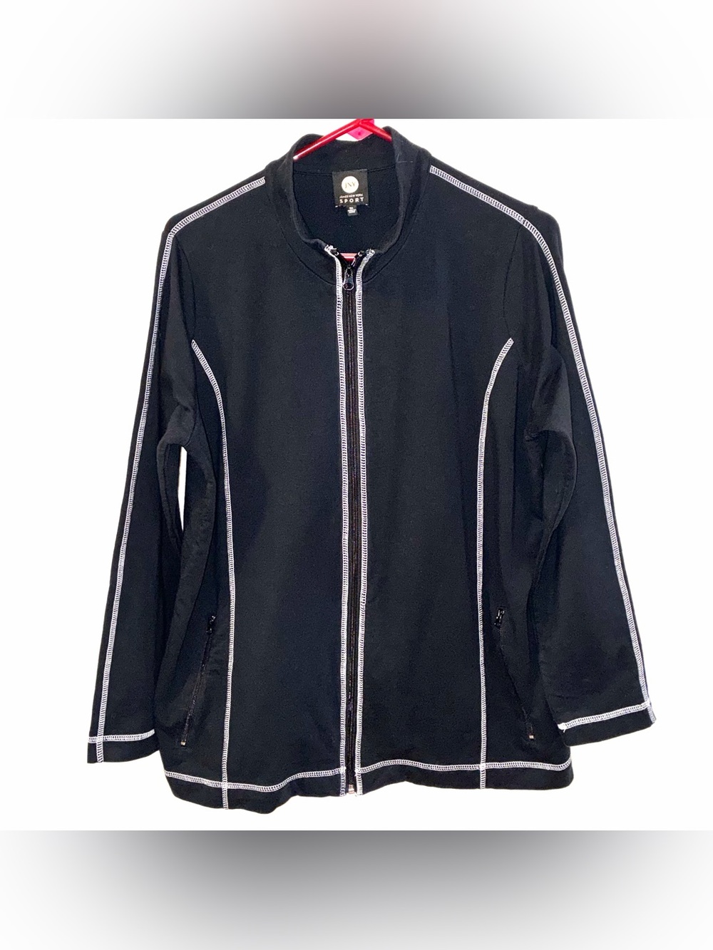 Jones New York Sport Black Zip Front Running Jacket with White Piping Size 1X